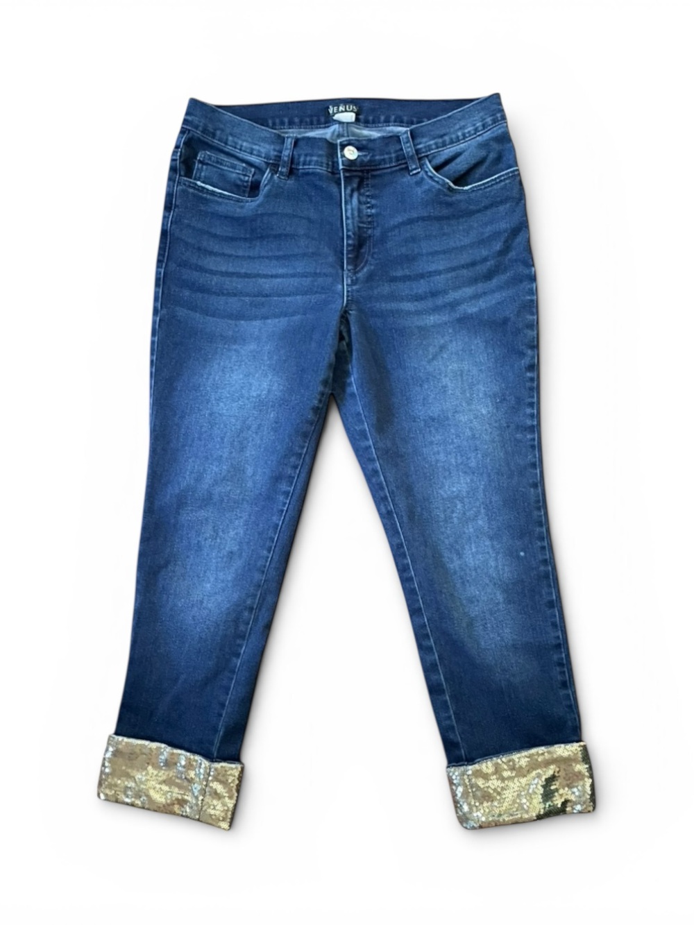 Venus cropped denim w/ gold Sequin Cuff